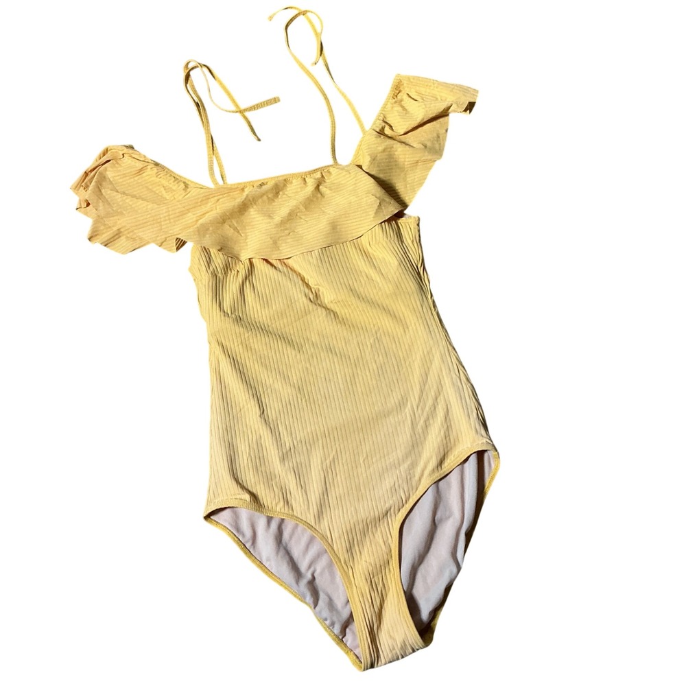 Albion Fit Womens Yellow Ribbed Ruffle Off The Shoulder One Piece Swimsuitโ S